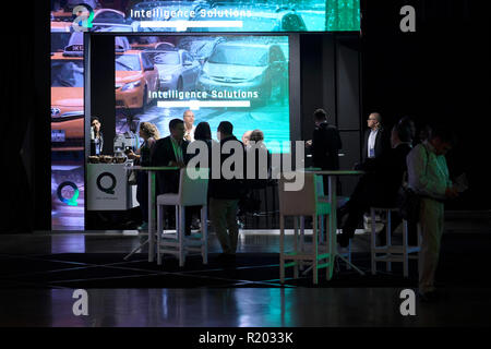 Tel Aviv, Israel 14 November 2018. Members of defense force of an unidentified African country speak to representative of the Israeli NSO Group which also goes by the name Q Cyber Technologies whose spyware called Pegasus enables the remote surveillance of smartphones at ISDEF 2018, an international defense and homeland security expo in Tel Aviv Israel showcasing an extensive array of innovative technologies in the fields of national security, intelligence, crowd protection, mass transit security, cybersecurity and financial tech Stock Photo