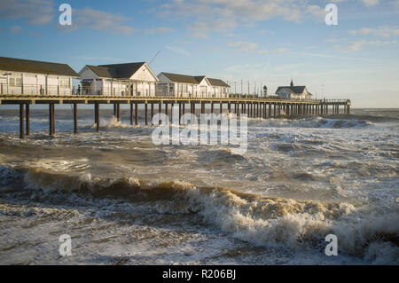 Rough seas in Winter from the pier at Southwold, Suffolk Stock Photo