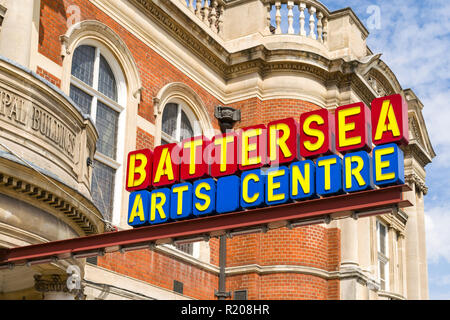Exterior of Battersea Arts Centre, a Grade II* listed building, showing main sign above entrance, London, UK Stock Photo
