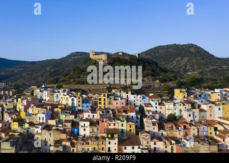 Aerial view of the beautiful village of Bosa with coloured houses. Bosa is located in the north-west of Sardinia, Italy. Stock Photo