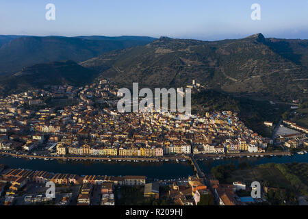 Aerial view of the beautiful village of Bosa with coloured houses. Bosa is located in the north-west of Sardinia, Italy. Stock Photo