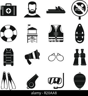 Lifeguard save icons set. Simple illustration of 16 lifeguard save vector icons for web Stock Vector