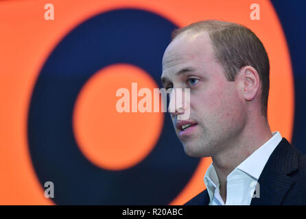 Duke of Cambridge makes a speech during a visit to the BBC Broadcasting House in London to view the work the broadcaster is doing as a key member of the Duke's taskforce on the prevention of cyberbullying. Stock Photo
