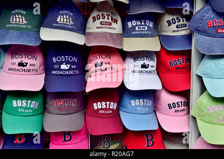 Souvenir Boston baseball caps on display for sale in street market Stock Photo