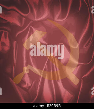 Hammer and Sickle set on a red silk faded background Stock Photo