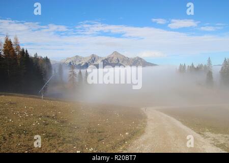 Trail in the mountains in autumn, in the Limestone alps national park, above Hinterstoder. Height 1300 m. A fog layer above the valley. Austria, Europe. Stock Photo