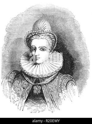 Anne of Denmark (1574-1619) was Queen consort of Scotland, England, and Ireland by marriage to King James VI and I. She married James in 1589 at age 15 and bore him three children who survived infancy, including the future Charles I. She appears to have loved James at first, but the couple gradually drifted and eventually lived apart, though mutual respect and a degree of affection survived. In England, Anne shifted her energies from factional politics to patronage of the arts and constructed her own magnificent court, hosting one of the richest cultural salons in Europe. Stock Photo