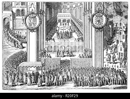 The English coronation of King James I on the on 25 July, 1567 in Westminser Abbey, London. He was also  King of Scotland as James VI from 24 July 1567 and King of England and Ireland as James. Although the kingdoms of Scotland and England were individual sovereign states, with their own parliaments, judiciaries, and laws, though both were ruled by James. He succeeded the last Tudor monarch, Elizabeth I in 1603 and reigned in all three kingdoms for 22 years, a period known after him as the Jacobean era, until his death in 1625 at the age of 58. Stock Photo