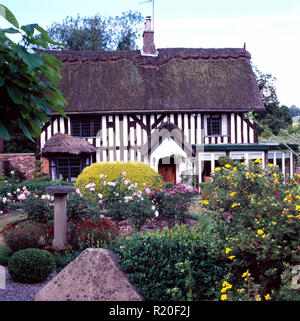 Exterior of black+white timbered house with colourful front garden Stock Photo