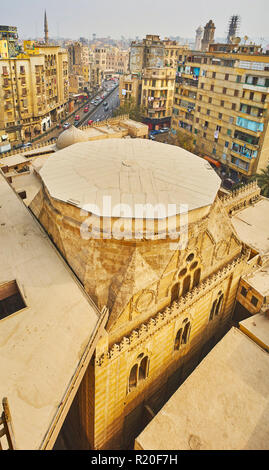 The view on medieval Sultan Al-Ghuri Mausoleum from the top of the minaret, Cairo, Egypt. Stock Photo