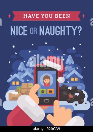 Santa Claus checking children profiles online deciding who is naughty and nice. Christmas flat illustration card Stock Vector