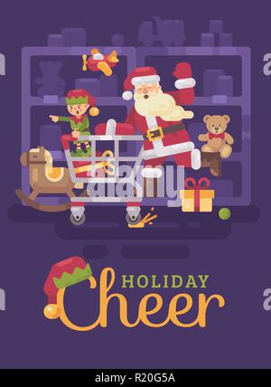 Santa Claus riding a shopping cart with his elf in a toy supermarket. Christmas flat illustration card Stock Vector