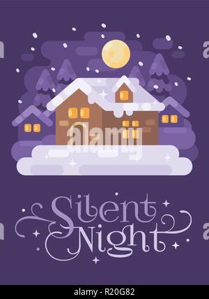 Snowy purple winter village landscape with a house. Silent Night Christmas flat illustration greeting card Stock Vector