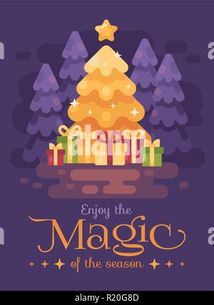 A big bright shinning Christmas tree with presents in  a night forest. Christmas magic flat illustration card Stock Vector