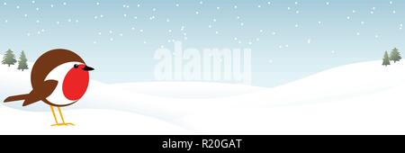 vector banner illustration of a cute male robin redbreast standing in the snow with space for text Stock Vector