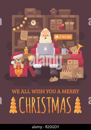 Santa Claus sitting at the desk in his office filled with parcels for children. Santa with a laptop checking emails. Christmas flat illustration greet Stock Vector