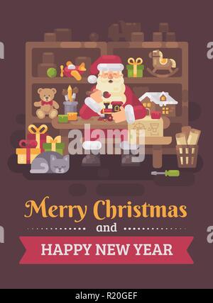 Santa Claus sitting at the desk in his workshop making toys for kids. Christmas flat illustration card Stock Vector