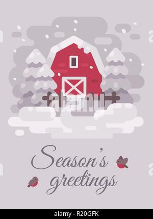 Red barn with trees in a winter country landscape. Christmas greeting card flat illustration. Seasons greetings Stock Vector