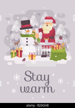 Happy Santa claus giving a scarf to a cute snowman. Christmas flat illustration greeting card Stock Vector