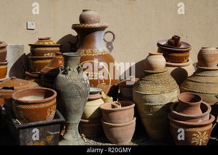 Pottery outside traditional omani home, Traditional village in Wadi Bani near Bahla. Oman. Stock Photo