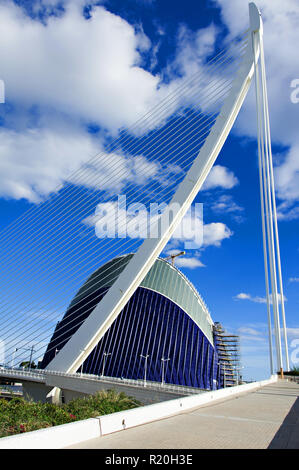 View of the Oceanografic building behind the amazing suspension bridge feature at the City of Arts and Sciences, Valencia, Spain. Stock Photo