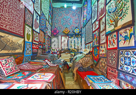 CAIRO, EGYPT - DECEMBER 21, 2017:  Interior of the store of Tentmakers alley (Sharia Khayamiya) with beautiful handmade pieces, decorated with appliqu Stock Photo
