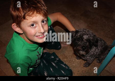 Close up of red headed boy with freckles rubbing his small black dog Stock Photo