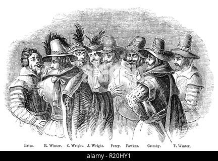 The conspirators involved in the Gunpowder Plot of 1605, aka the Gunpowder Treason Plot, or the Jesuit Treason. It was a failed assassination attempt against King James I by a group of provincial English Catholics led by Robert Catesby.  The plan was to blow up the House of Lords during the State Opening of Parliament on 5 November 1605, as the prelude to a popular revolt in the Midlands during which James's nine-year-old daughter, Elizabeth, was to be installed as the Catholic head of state. Stock Photo