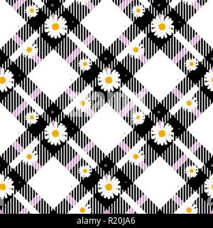 Chamomile seamless pattern. Daisies on retro white an d black Gingham Check background. Vector illustration. eps 10 Stock Vector