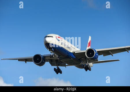 LONDON, ENGLAND - NOVEMBER 2018: British Airways Boeing 777 long haul airliner on final approach to land at London Heathrow Airport. Stock Photo