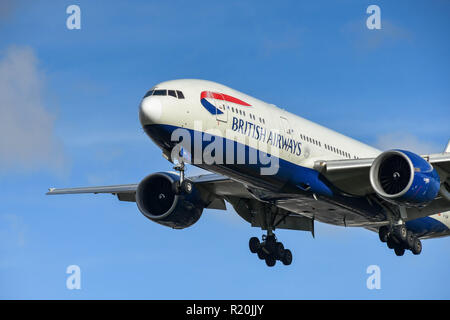 LONDON, ENGLAND - NOVEMBER 2018: British Airways Boeing 777 long haul airliner on final approach to land at London Heathrow Airport. Stock Photo