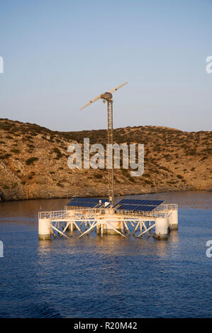 Floating wind desalination multi use platform in the Aegean Sea, near the Cyclade island of Iraklia. Stock Photo