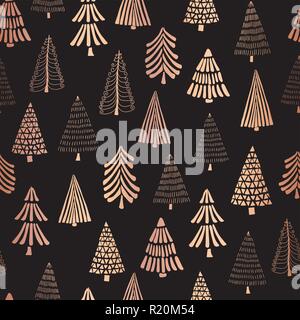 Christmas trees copper foil seamless vector pattern backdrop. Metallic shiny rose golden doodle trees on black background. Elegant design for Christma Stock Vector