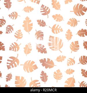 Rose gold foil leaves seamless vector background. Copper scattered leaf pattern. rose gold on white elegant backdrop for weddings, celebrations, party, card, invitation, birthday, paper, web banner Stock Vector