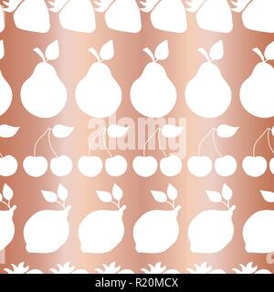Rose gold foil fruits seamless vector pattern. White strawberry, pear, cherry, lemon in rows on Metallic copper foil shiny background. Elegant, luxurious for packaging, web banner, home decor, menu Stock Vector