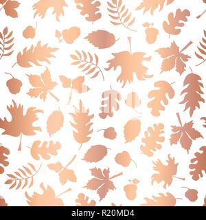 Rose Gold foil autumn leaf silhouettes seamless vector background. Copper shiny abstract fall leaves shapes on white background. Elegant pattern for digital paper, Thanksgiving card, party invitation Stock Vector