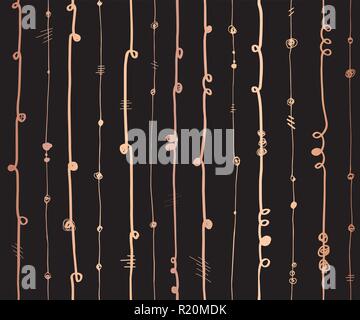 Rose Gold foil metallic abstract vertical lines seamless vector pattern.Copper wavy vertical stripes with twirl elements on black background. For party, banner, wedding, party, New Year, celebration Stock Vector