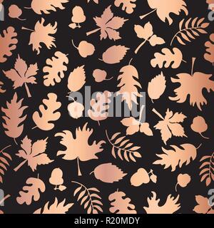 Rose Gold foil autumn leaf silhouettes seamless vector background. Copper shiny abstract fall leaves shapes on black background. Elegant pattern for digital paper, Thanksgiving card, party invitation Stock Vector