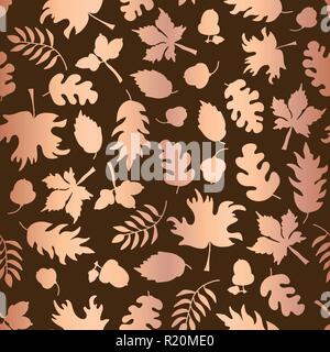 Rose Gold foil autumn leaf silhouette pattern tile Stock Vector