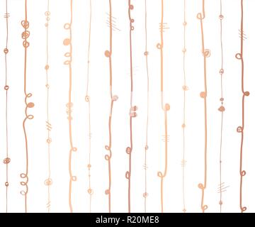 Rose Gold foil metallic abstract vertical lines seamless vector pattern.Copper wavy vertical stripes with twirl elements on white background. Elegant copper design for party,banners, wedding, party Stock Vector