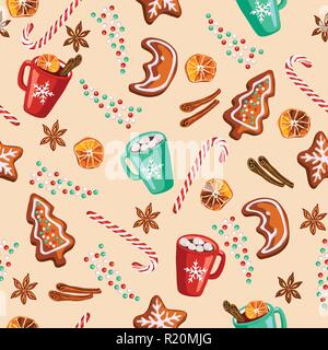 Christmas gingerbread cookies, mulled wine, cocoa with marshmallows seamless pattern for holidays home decor, textile and gift wrap Stock Vector