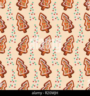 Christmas gingerbread fir tree glazed cookies and glaze drops on the beige background seamless pattern for holidays home decor, textile and gift wrap Stock Vector