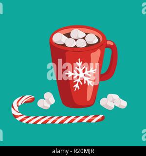 Cocoa or hot chocolate with marshmallows in red mug with snowflake and candy stick icons on the green background Stock Vector