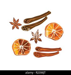 Dried citrus slices, cinnamon sticks and anise icons set isolated on the white background Spices for gingerbread or mulled wine collection Stock Vector