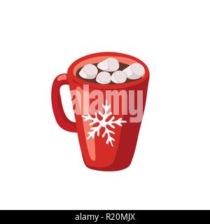 Cocoa or hot chocolate with marshmallows in red mug with snowflake icon isolated on the white background Stock Vector