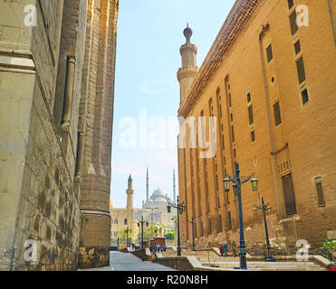 The narrow pass with staircase between the Royal and Sultan Hassan Mosques opens the view on the beautiful Muhammad Ali (Alabaster) mosque of Saladin  Stock Photo