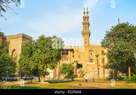 The Mamluk era complex of Qanibay Amir Akhur, including mosque, madrasa, mausoleum and sabil-kuttab, decorated with the oldest of its kind twin-topped Stock Photo