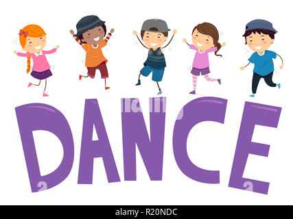 Stickman Illustration Featuring Young Kids Dancing on Top of a Block of Letters That Spell Out Dance Stock Photo