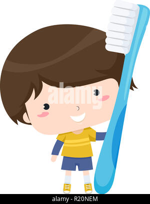 Colorful Illustration Featuring a Cute Little Boy Holding on to a Giant  Toothbrush Stock Photo