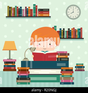 Colorful Illustration Featuring a Cute Little Boy Reading a Book in His Reading Room Stock Photo